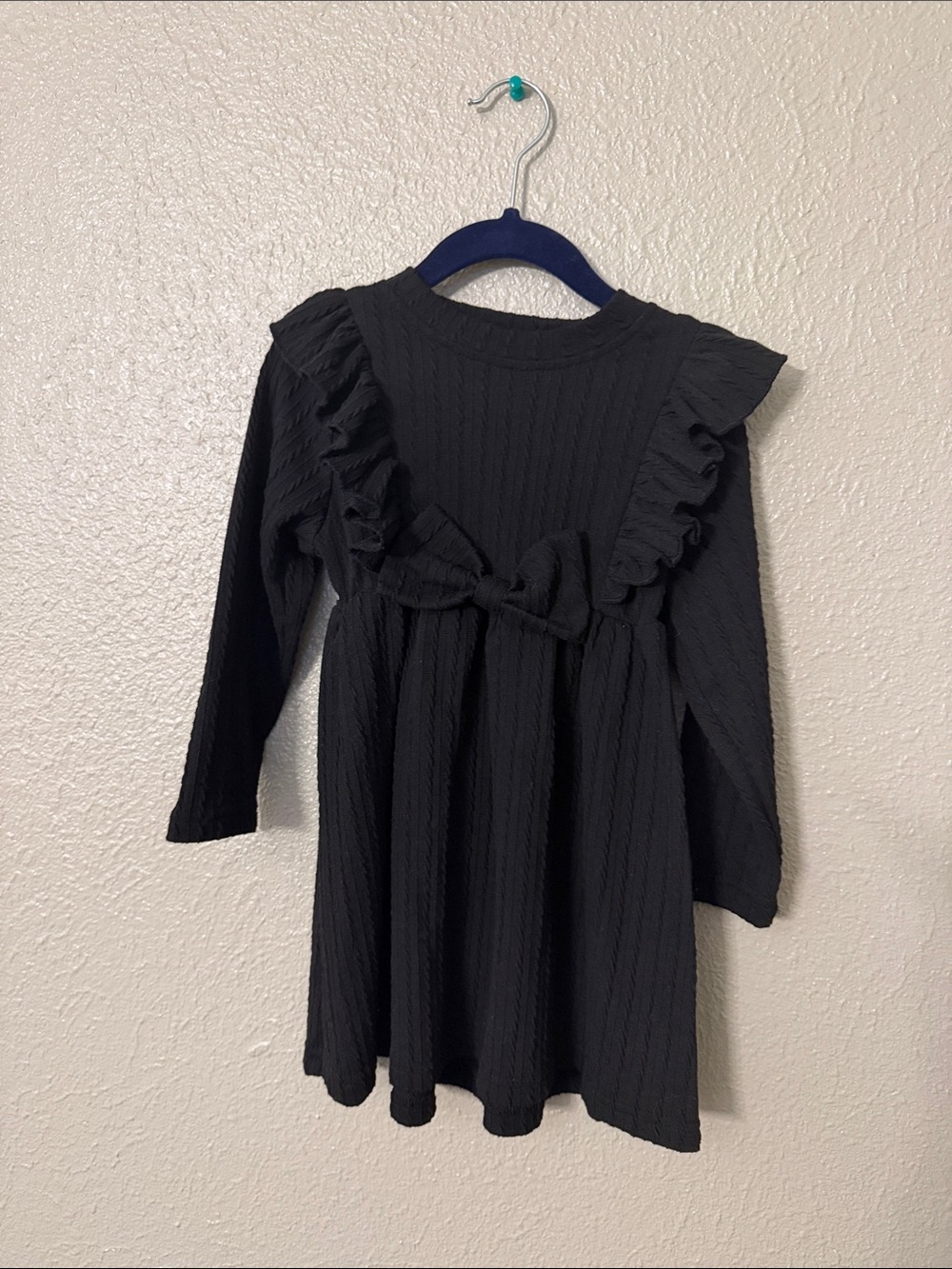 Girls' Black Long-Sleeve Ruffle Dress with Front Bow